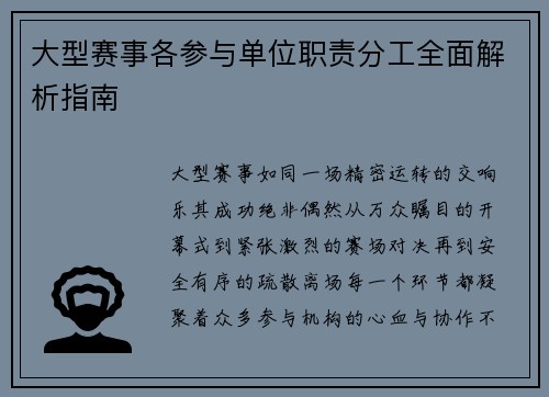 大型赛事各参与单位职责分工全面解析指南